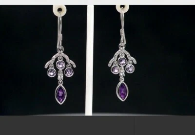 Pendientes de gancho araña de amatista natural y circón platino plata esterlina 1,74 Foto 1 de 4