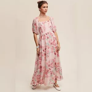 NWT-Listicle-Women's Blush Square Neck Puff Sleeve Floral Chiffon Maxi-Sz M - Picture 1 of 4