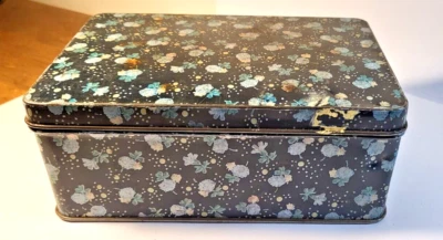 Vintage Black with Blue Flowers Empty Biscuit Tin Collectable Useable - Image 1 of 4