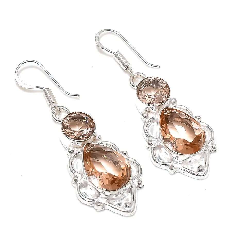 Peach Morganite Gemstone Handmade 925 Sterling Silver Jewelry Earrings Sz 1.80" - Image 1 of 1
