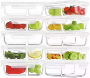 10 Pack 24Oz Glass Meal Prep Containers 2 Compartment, Food Storage Containers w - Picture 1 of 7