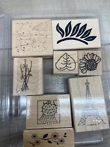 Wood Mounted Rubber Stamps Mixed Floral & Eiffel Tower Set of 8 - Picture 1 of 2