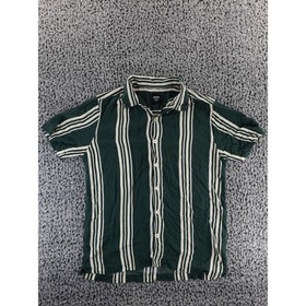 NUON Mens Green White Striped Short Sleeve Button Up Relaxed Fit Shirt Size M