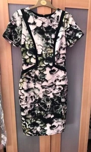 Pied-A-Terre Fitted Pencil Dress, Grey/Green/Black on White Floral, size 10. vgc - Picture 1 of 11