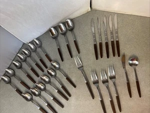 Interpur INR2 Stainless Brown Synthetic Wood Handle 27 pieces MCM Flatware - Picture 1 of 14