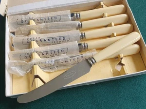 Vintage Lewis Rose & Co Sheffield Faux Bone Handle Butter Knife x 6 Boxed - Picture 1 of 4