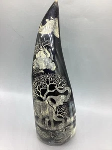 Cow Steer Horn Hand Carved Folk Art Elephant Tiger Panther Jaguar Jungle 11 Inc - Picture 1 of 8