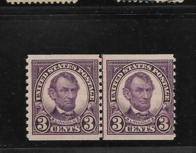 US Scott #600 mint never hinged line pair coil, 3c violet Lincoln 1923 og f/vf - Image 1 of 2