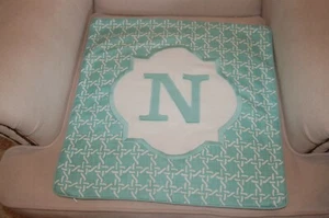 New Threshold Embroidered Monogram "N" Pillow Cover 18x18" Aqua Turquoise Blue - Picture 1 of 3