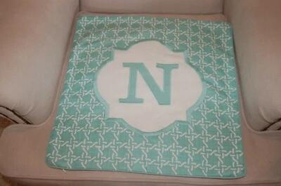 New Threshold Embroidered Monogram "N" Pillow Cover 18x18" Aqua Turquoise Blue - Image 1 of 3