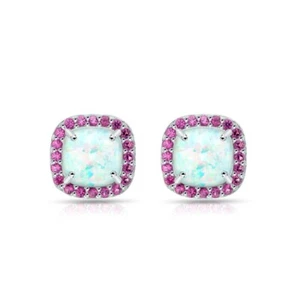 Cushion Cut Halo Simulated Opal & Ruby Stud Earrings in Sterling Silver - Picture 1 of 3