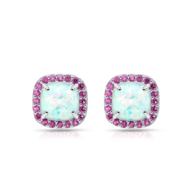 Cushion Cut Halo Simulated Opal & Ruby Stud Earrings in Sterling Silver - Image 1 of 3