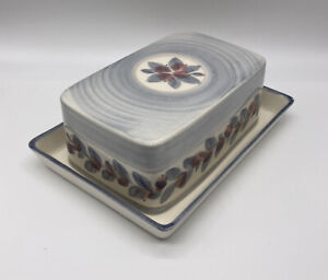 Blue And Pink Floral Pattern Ceramic Covered Lidded Butter Or Cheese Dish