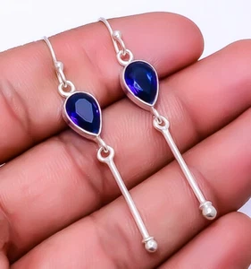 Blue Sapphire (Simulated) 925 Sterling Silver Bali Earring 2.34" E_9328_100_10 - Picture 1 of 2