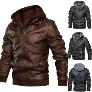 Windproof Mens Hooded Leather Jacket Autumn Casual Slim Fit Zip Up Coat Winter - Picture 1 of 13