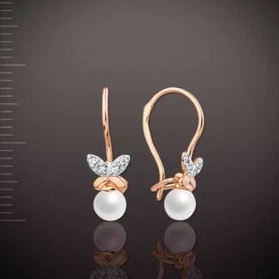 Solid rose gold 585 /14k Kids white pearl CZ earrings NWT hook closure - Image 1 of 4