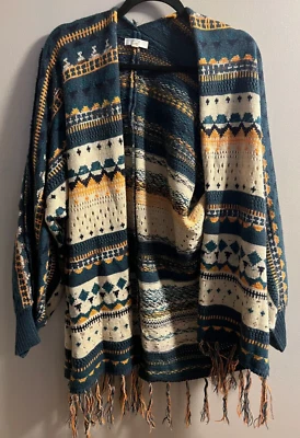 Womens Cardigan Size Small Easel Brand Boho Sweater with Fringe Balloon Sleeves - Image 1 of 4