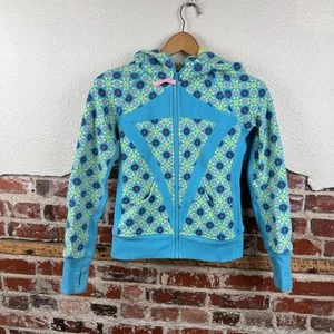 Ivivva Hoodie Girls 12 Blue Green Geometric Pattern Full Zip Thumb Holes Casual - Picture 1 of 7