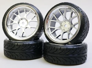 RC 1/10 DRIFT Wheels WEB Silver W/ Chrome Lip STAGGER 3+9mm Drift Tread (4PCS) - Picture 1 of 7