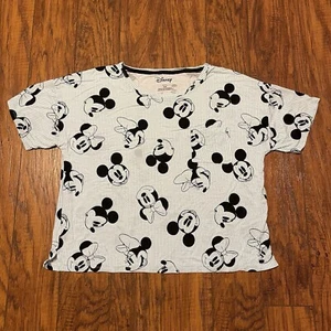 Disney Womens T Shirt Size M Blue White Stripe Crop Pocket Tee Mickey Minnie - Picture 1 of 13