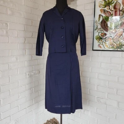 De Colección Años 40 50 Vestido Azul Moveble Dos Piezas Cárdigan Chaqueta Conjunto Elegante Moda Falda Foto 1 de 4