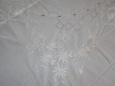HAND EMBROIDERY COTTON BLEND WHITE TABLECLOTH 90" X 72" & 8 NAPKINS 18" NEW VTG