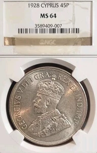 Cipro 1928 45 Piastres, rara corona superba gemma FDC, NGC 64 PQ, piena lucentezza/colpo - Foto 1 di 4