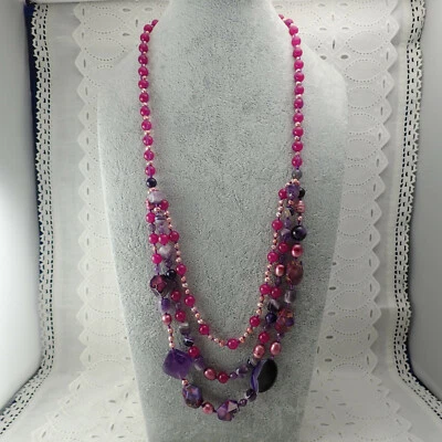 Collar de amatista de perlas genuinas con broche de ley de 3 hilos 29 1/2" de A IL Foto 1 de 4