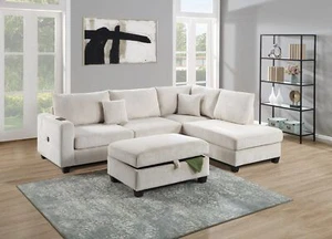 Ivory Color 3pc Sectional Set Corduroy Upholstered LAF Sofa RAF Chaise Ottoman L - Picture 1 of 10