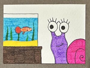 Original ACEO Art Card - Snail Watching Fish - 2.5 inch By 3.5 inch Ink Drawing
