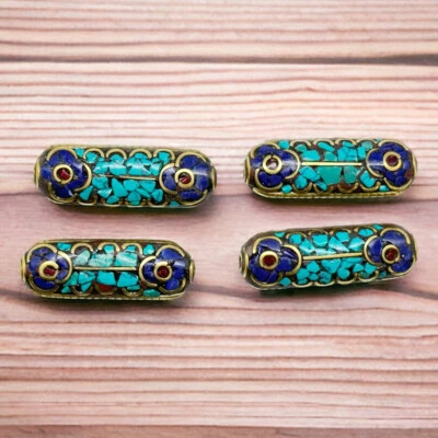 Tibetan Nepal Jewelry Artisan Handmade Brass Turquoise Lapis Long 4 Masala beads - Image 1 of 4