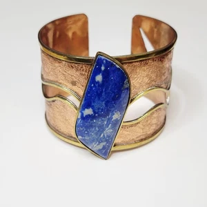Artisan Modernist Lapis Lazuli Copper & Silver Cuff Bracelet - Picture 1 of 13