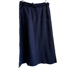 Talbots 100% Linen Pull On Midi Skirt S Navy Blue Drawstring Side Pockets - Picture 1 of 6