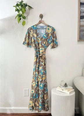 J.McLaughlin Audette Dress S Aqua Brown Gold Floral Wrap Tencel Midi NWT $268 - Image 1 of 4