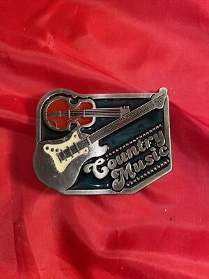Hebilla de cinturón de peltre y violín de música country vintage de los años 70 epoxi esmeralda Foto 1 de 4