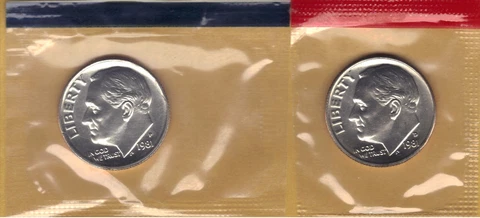 1981-P & D UNCIRCULATED BU ROOSEVELT DIMES IN MINT SET CELLO (2 coins) Cover