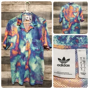 Adidas Mesh Jersey Button Up Shirt Men’s S Blue Tie Dye Embroidered Lightweight - Picture 1 of 10