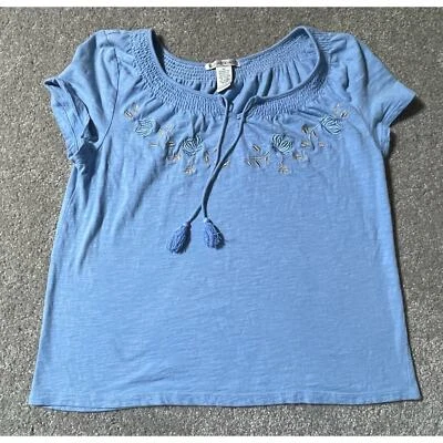 Hasting & Smith 衬衫 PL 流苏波西米亚刺绣 Cottagecore Grandmacore 蓝色 — 第 1/4 张图片