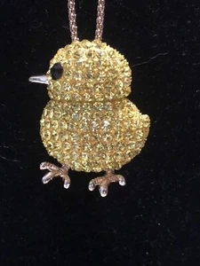 Betsey Johnson Necklace / Brooch Chicken Chick Yellow Crystals Gift Box Organza - Picture 1 of 6