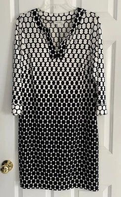 Dress Barn Sheath Dress 12 Black White Geometric Ombré 3/4 Sleeve Stretch Artsy - Image 1 of 4
