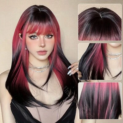 Peluca Larga Recta Ombre Negra Rosa con Bang Cosplay Fiesta Disfraz Peluca Halloween Foto 1 de 4