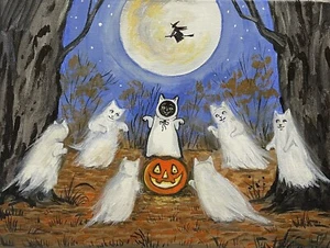 IMPRESIÓN ACEO DE PINTURA RYTA HALLOWEEN GATO NEGRO BRUJA ARTE POPULAR Salem Otoño Fantasmas - Imagen 1 de 1