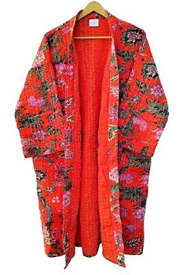 Chaqueta Kantha Edredón Estampado Floral Indio Hecha a Mano Naranja Boho Invierno Largo Medio Foto 1 de 4