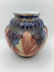 1890s Loetz Carneol Red Pink White Marbled Glass Blue Gold Painted Guilded Vase - Picture 1 of 12