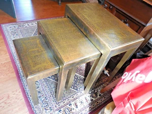 VTG Wood Nesting Tables with Applied Embossed Gold Tin - Picture 1 of 10
