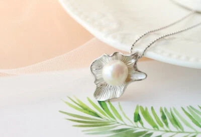 D10 Ciondolo Con Perla Di Acqua Dolce Su Foglia In Argento Sterling 925 - Immagine 1 di 4