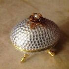 Real Egg Hand Carved and Decorated w White Crystals Hinged on gold Pedestal NIB