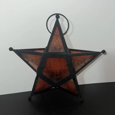 Hanging Art Deco Amber Stain Glass Star Tealights Holder Moroccan Boho - Image 1 of 4