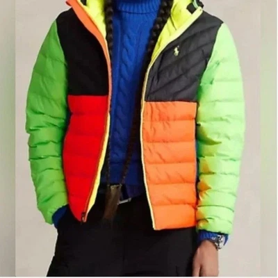 Polo Ralph Lauren Hi-Tech Colorblock Neon Puffer Hooded Jacket Mens Size L $298 - Image 1 of 4