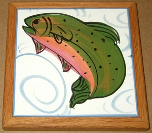Asheville Tileworks 7" Wood Frame Ceramic Tile Trivet Maiolica Majolica Trout - Picture 1 of 3